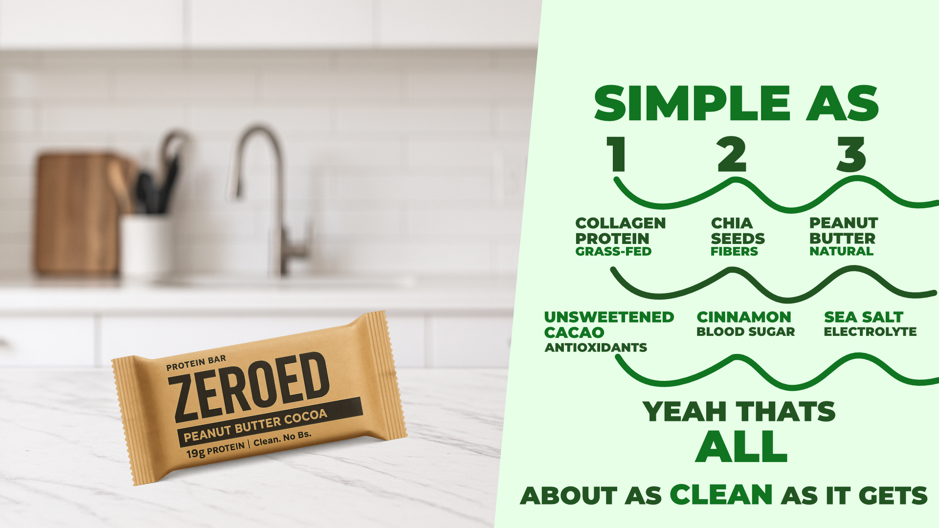 ZEROED protein bar with a kitchen background and text about ingredients.