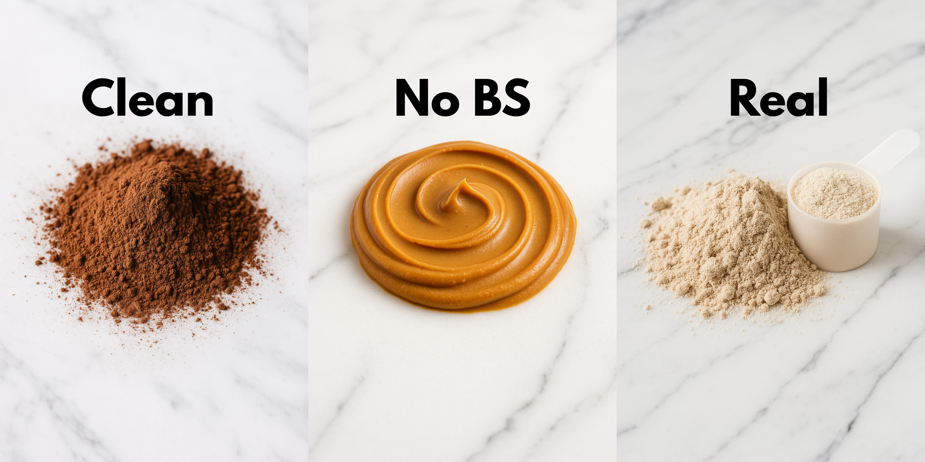 Three different types of health products labeled 'Clean', 'No BS', and 'Real' on a textured surface.